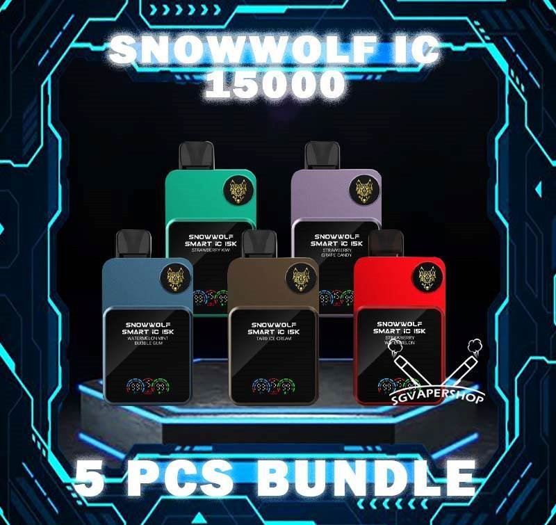 5 X SNOWWOLF SMART IC 15000 ( 15K ) BUNDLE - SG VAPER SHOP SINGAPORE The 5 X SNOWWOLF SMART IC 15000 ( 15K ) DISPOSABLE BUNDLE Package include : Choose 5 Pcs of SNOWWOLF IC 15K Puffs with amazing price ! 1 x Free Gift Free Delivery The SNOWWOLF SMART IC 15000 ( 15K Puffs ) Disposable vape Ready stock in our sg singapore store online shop for same day delivery. This Kit from Snow wolf  company lasted product for singapore vapers choose and enjoy it! available 10+plus flavour! The Snow wolf Powerful To Vape Simple to use! Adjusted the best condition get the best vape experience, and Regulation Voltage ,Customize your distinctive vaping style,Just 1 click to increase 1W. Power range from 5W to 15W. When you vape every puff, there will be a circuit board light display on the backside. The SNOWWOLF LOGO is particularly three-dimensional and prominent, and the overall sense of technology is stronger! New Generation smart chip Intelligent power output, more convenient to vape. 48MHz Working frequency, faster response speed. Ultra-low Standby power consumption,Longer use time. 32-bit image processing technology,better visual effects. Specifition :  Nicotine Strength: 50mg ( 5% ) Battery Capacity: 650MAH Constant Power: 5-15W Charging Port: Type-C Super Charge: 20mins to 80% ⚠️SNOWWOLF IC 15000 FLAVOUR LINE UP⚠️ Blow Pop Blue Power Watermelon Cream Cake Double Mango Kiwi Passion Fruit Aloe Lychee Grape Meta Moon Passion Fruit Yakult Skittles Strawberry Grape Candy Strawberry Kiwi Strawberry Watermelon Taro Ice Cream Watermelon Mint Bubblegum SG VAPE COD SAME DAY DELIVERY , CASH ON DELIVERY ONLY. TAKE BULK ORDER /MORE ORDER PLS CONTACT ME : SGVAPERSHOP VIEW OUR DAILY NEWS INFORMATION VAPE : TELEGRAM CHANNEL